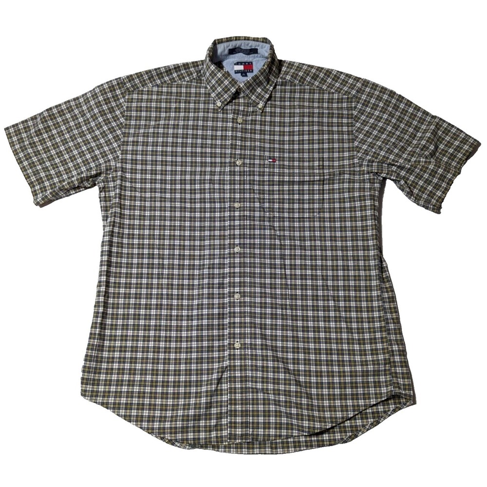 VTG TOMMY HILFIGER Men Medium‎ Blue Yellow Plaid Cotton Button-Up Shirt